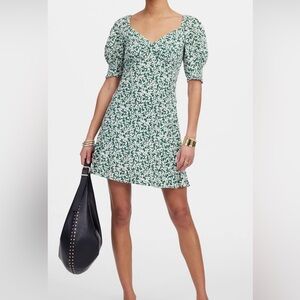 Madewell Seamed V-Neck Green&White Floral Mini Dress with Puff Sleeves Size 12 💚